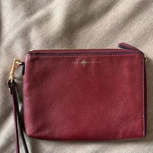 Tory Burch Wine Red Leather Wristlet with Gold Logo